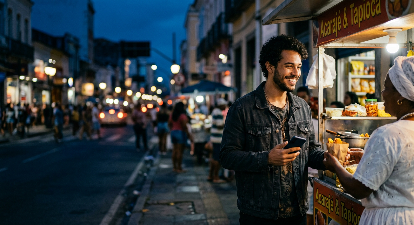 Homem sorrindo com o celular na mão em uma barraca de comida de rua à noite